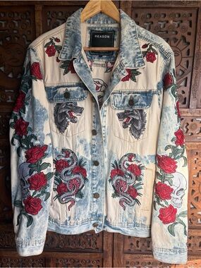 REASON Acid Wash Denim Jacket with Red Rose & Snake Embroidery